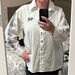 White Button-Up Shirt with Black Accent Logo